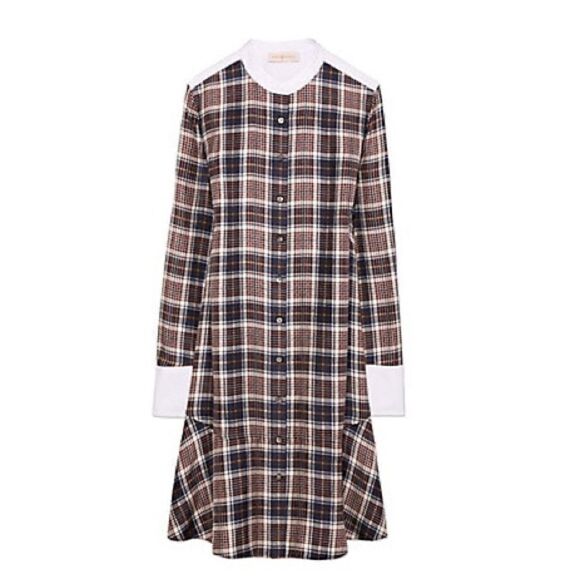 Tory Burch Cora Milano Tartan Silk Mini Brown Blue Shirt Dress Plaid Size 0 - Picture 9 of 15